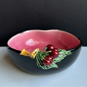 VTG Bonwit Teller French Art Pottery Black and Pink Bowl with Red Cherries